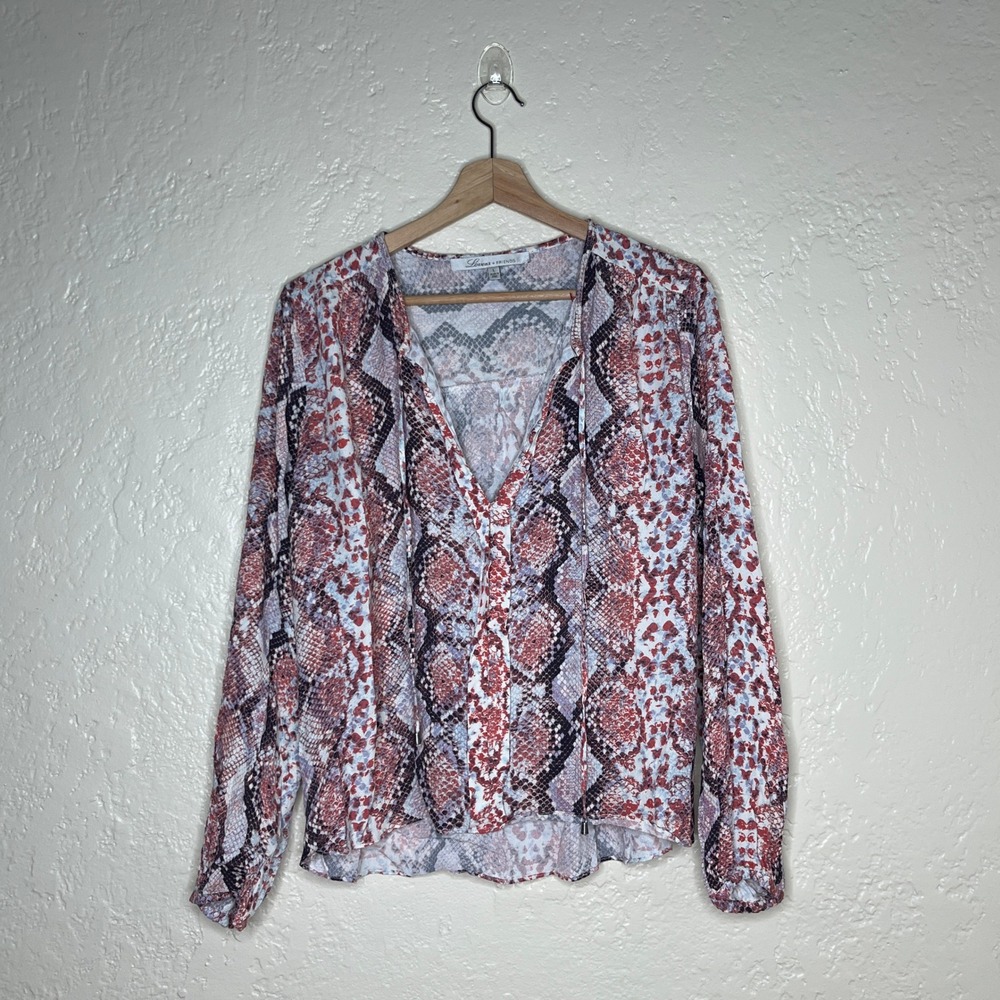 Lovers + Friends Snakeskin Print V-Neck Tie Blouse Red Purple Large